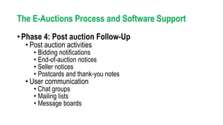 •Phase 4: Post auction Follow-Up
• Post auction activities
• Bidding notifications
• End-of-auction notices
• Seller notices
• Postcards and thank-you notes
• User communication
• Chat groups
• Mailing lists
• Message boards
The E-Auctions Process and Software Support
 