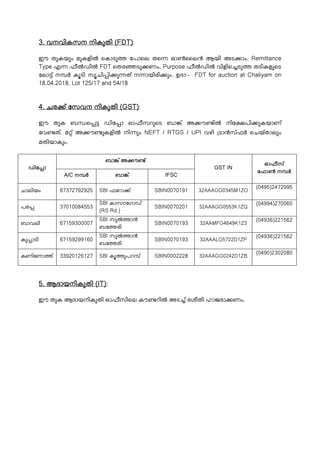 3. വനവികസന നികുതി (FDT):
ഈ തുകയും മുകളിൽ െകാടു േപാെല തെ ഓൺൈലൻ ആയി അട ാം. Remittance
Type എ ഫീൽഡിൽ FDT െതര ടു ണം. Purpose ഫീൽഡിൽ വിളിെ ടു തടികളുെട
േലാ ് ന ർ കൂടി സൂചി ി ു ത് ന ായിരി ും. ഉദാ:- FDT for auction at Chaliyam on
18.04.2018. Lot 125/17 and 54/18
4. ചര ് േസവന നികുതി (GST):
ഈ തുക ബ െ ഡിേ ാ ഓഫീസറുെട ബാ ് അ ൗ ിൽ നിേ പി ുകയാണ്
േവ ത്. മ ് അ ൗ ുകളിൽ നി ും NEFT / RTGS / UPI വഴി ടാൻസ്ഫർ െചയ്താലും
മതിയാകും.
ഡിേ ാ
ബാ ് അ ൗ ്
GST IN
ഓഫീസ്
േഫാൺ ന ർ
A/C ന ർ ബാ ് IFSC
ചാലിയം 67372792925 SBI ഫേറാ ് SBIN0070191 32AAAGG0345M1ZO
(0495)2472995
പര 37010084553
SBI കാസറേഗാഡ്
(RS Rd.)
SBIN0070201 32AAAGG0553K1ZQ
(04994)270060
ബാവലി 67159300007
SBI സുൽ ാൻ
ബേ രി
SBIN0070193 32AAMFG4649K1Z3
(04936)221562
കു ാടി 67159299160
SBI സുൽ ാൻ
ബേ രി
SBIN0070193 32AAALG5722D1ZP
(04936)221562
കണ്േണാ ് 33920126127 SBI കൂ ുപറ ് SBIN0002228 32AAAGG0242D1ZB
(0490)2302080
5. ആദായനികുതി (IT):
ഈ തുക ആദായനികുതി ഓഫീസിെല കൗ റിൽ അട ് രശീതി ഹാജരാ ണം.
 