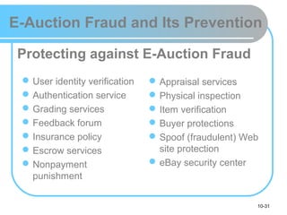 10-31
E-Auction Fraud and Its Prevention
User identity verification
Authentication service
Grading services
Feedback forum
Insurance policy
Escrow services
Nonpayment
punishment
Appraisal services
Physical inspection
Item verification
Buyer protections
Spoof (fraudulent) Web
site protection
eBay security center
Protecting against E-Auction Fraud
 