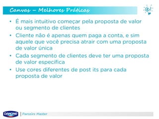 Canvas – Melhores Práticas
• É mais intuitivo começar pela proposta de valor
ou segmento de clientes
• Cliente não é apenas quem paga a conta, e sim
aquele que você precisa atrair com uma proposta
de valor única
• Cada segmento de clientes deve ter uma proposta
de valor específica
• Use cores diferentes de post its para cada
proposta de valor

Parceiro Master

 