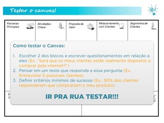 Testar o canvas!

Como testar o Canvas:
1. Escolher 2 dos blocos e escrever questionamentos em relação a
eles (Ex. “Será que os meus clientes estão realmente dispostos a
comprar pela internet?”)
2. Pensar em um teste que responda a essa pergunta (Ex.
Entrevistar 5 possíveis clientes)
3. Definir critérios mínimos de sucesso (Ex.: 50% dos clientes
responderem que comprariam o meu produto)

IR PRA RUA TESTAR!!!
Parceiro Master

 