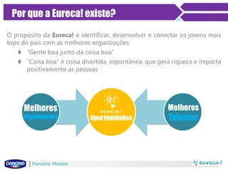 Por que a Eureca! existe?
O propósito da Eureca! é identificar, desenvolver e conectar os jovens mais
tops do país com as melhores organizações
» “Gente boa junto dá coisa boa”
» “Coisa boa” é coisa divertida, espontânea, que gera riqueza e impacta
positivamente as pessoas

Parceiro Master

 