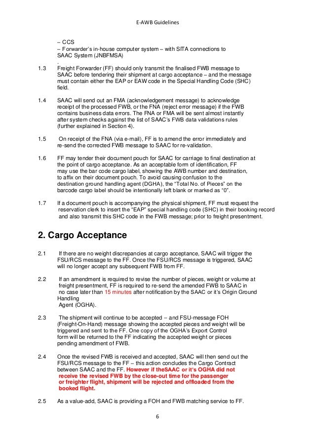 EAWB Handling Manual for SAA Cargo Freight Forwarders