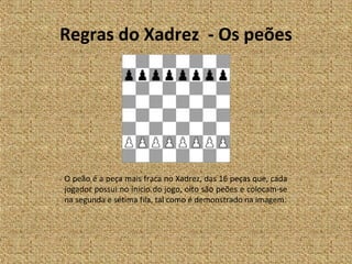 Regras do Xadrez - Os peões




O peão é a peça mais fraca no Xadrez, das 16 peças que, cada
jogador possui no inicio do jogo, oito são peões e colocam-se
na segunda e sétima fila, tal como é demonstrado na imagem.
 