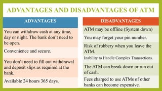 ADVANTAGES AND DISADVANTAGES OF ATM
ADVANTAGES
You can withdraw cash at any time,
day or night. The bank don’t need to
be open.
Convenience and secure.
You don’t need to fill out withdrawal
and deposit slips as required at the
bank.
Available 24 hours 365 days.
DISADVANTAGES
ATM may be offline (System down)
You may forget your pin number.
Risk of robbery when you leave the
ATM.
Inability to Handle Complex Transactions.
The ATM can break down or run out
of cash.
Fees charged to use ATMs of other
banks can become expensive.
 