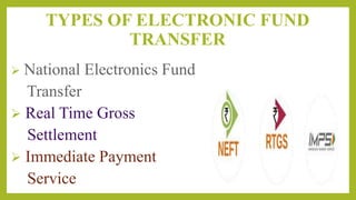 TYPES OF ELECTRONIC FUND
TRANSFER
 National Electronics Fund
Transfer

 Immediate Payment
Service
 