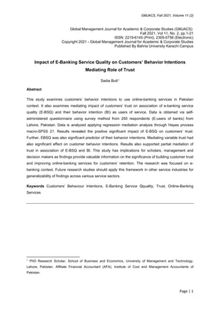 Impact of E-Banking Service Quality on Customers' Behavior 