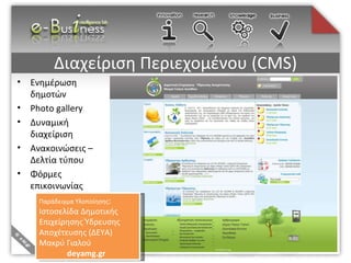 Διαχείριση Περιεχομένου  (CMS) Παράδειγμα Υλοποίησης :  Ιστοσελίδα Δημοτικής Επιχείρησης Ύδρευσης  Αποχέτευσης (ΔΕΥΑ) Μακρύ Γιαλού   deyamg.gr Ενημέρωση δημοτών Photo gallery Δυναμική διαχείριση  Ανακοινώσεις – Δελτία τύπου Φόρμες επικοινωνίας 