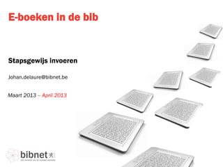 E-boeken in de bib
Stapsgewijs invoeren
Maart 2013 – April 2013
Johan.delaure@bibnet.be
 