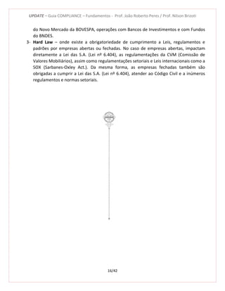 UPDATE – Guia COMPLIANCE – Fundamentos - Prof. João Roberto Peres / Prof. Nilson Brizoti
16/42
do Novo Mercado da BOVESPA, operações com Bancos de Investimentos e com Fundos
do BNDES.
3- Hard Law – onde existe a obrigatoriedade de cumprimento a Leis, regulamentos e
padrões por empresas abertas ou fechadas. No caso de empresas abertas, impactam
diretamente a Lei das S.A. (Lei nº 6.404), as regulamentações da CVM (Comissão de
Valores Mobiliários), assim como regulamentações setoriais e Leis internacionais como a
SOX (Sarbanes-Oxley Act.). Da mesma forma, as empresas fechadas também são
obrigadas a cumprir a Lei das S.A. (Lei nº 6.404), atender ao Código Civil e a inúmeros
regulamentos e normas setoriais.
 