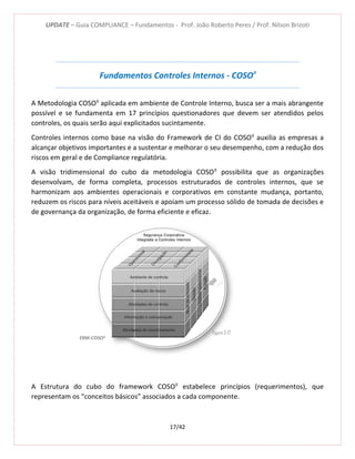 UPDATE – Guia COMPLIANCE – Fundamentos - Prof. João Roberto Peres / Prof. Nilson Brizoti
17/42
Fundamentos Controles Internos - COSOII
A Metodologia COSOII
aplicada em ambiente de Controle Interno, busca ser a mais abrangente
possível e se fundamenta em 17 princípios questionadores que devem ser atendidos pelos
controles, os quais serão aqui explicitados sucintamente.
Controles internos como base na visão do Framework de CI do COSOII
auxilia as empresas a
alcançar objetivos importantes e a sustentar e melhorar o seu desempenho, com a redução dos
riscos em geral e de Compliance regulatória.
A visão tridimensional do cubo da metodologia COSOII
possibilita que as organizações
desenvolvam, de forma completa, processos estruturados de controles internos, que se
harmonizam aos ambientes operacionais e corporativos em constante mudança, portanto,
reduzem os riscos para níveis aceitáveis e apoiam um processo sólido de tomada de decisões e
de governança da organização, de forma eficiente e eficaz.
A Estrutura do cubo do framework COSOII
estabelece princípios (requerimentos), que
representam os “conceitos básicos” associados a cada componente.
ERM-COSOII
Figura 3-17
 