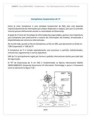 UPDATE – Guia COMPLIANCE – Fundamentos - Prof. João Roberto Peres / Prof. Nilson Brizoti
30/42
Compliance Corporativo de TI
Como já visto, Compliance é uma atividade fundamental de GRC, pois este depende
imprescindivelmente de informações que estejam disponíveis e integras, para que os controles
internos possam efetivamente atender as necessidades da Governança.
O papel de TI (área de Tecnologia da Informação) das organizações, ganham vital importância
para Compliance pois praticamente a maioria das informações são tratadas, armazenadas e
disponibilizadas por estruturas informatizadas.
No mundo todo, quando se fala em Compliance, se fala em GRC, que tipicamente se divide em
“GRC Corporativo” e “GRC de TI”.
A Compliance de TI é tratada separadamente, com processos e controles individualizados,
inclusive leis, regulamentos e normas específicas.
GRC de TI é principalmente regido por normas e padrões internacionais aceitos para todo tipo
de organização.
O “G” de Governança de TI em GRC é fundamentado na Norma internacional ISO/IEC
38500:2008/2015 (Corporate Governance of Information Technology) e possui o framework
como se apresenta na figura 7-30 :
Figura 7-30
 