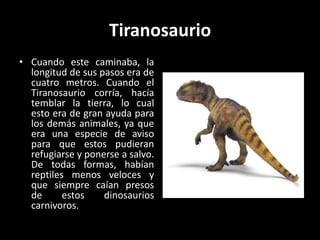 Tiranosaurio
• Cuando este caminaba, la
  longitud de sus pasos era de
  cuatro metros. Cuando el
  Tiranosaurio corría, hacía
  temblar la tierra, lo cual
  esto era de gran ayuda para
  los demás animales, ya que
  era una especie de aviso
  para que estos pudieran
  refugiarse y ponerse a salvo.
  De todas formas, habían
  reptiles menos veloces y
  que siempre caían presos
  de      estos    dinosaurios
  carnivoros.
 