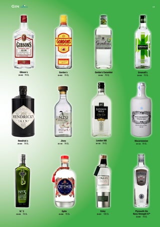 17Gin
Gibson´s
20-045 70 CL
Gordon´s
20-003 70 CL
Gordon´s Cucumber
20-004 70 CL
Greenall´s
20-038 70 CL
Hendrick´s
20-020 70 CL
Jinzu
20-140 70 CL
London Hill
20-126 70 CL
Macaronesian
20-124 70 CL
N.º 3
20-035 70 CL
Opihr
20-090 70 CL
Oxley
20-001 100 CL
Plymouth Gin
Navy Strenght 57º
20-062 70 CL
CONTACTO
 