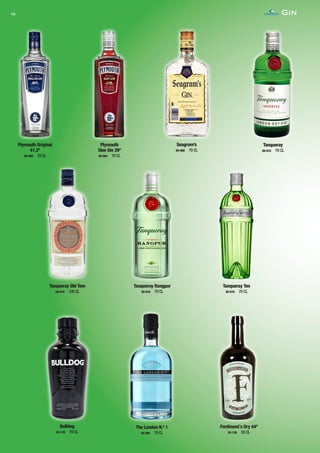 Gin18
Tanqueray
20-015 70 CL
Tanqueray Old Tom
20-019 100 CL
Tanqueray Rangpur
20-018 70 CL
Tanqueray Ten
20-016 70 CL
Seagram’s
20-080 70 CL
Plymouth Original
41,2º
20-060 70 CL
Plymouth
Sloe Gin 26º
20-064 70 CL
The London N.º 1
20-200 70 CL
Bulldog
20-120 70 CL
Ferdinand´s Dry 44º
20-128 50 CL
CONTACTO
 