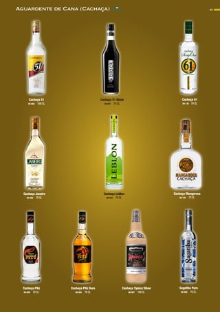23Aguardente de Cana (Cachaça)
Cachaça 51
06-060 100 CL
Cachaça 51 Black
06-061 70 CL
Cachaça 61
06-130 70 CL
Cachaça Janeiro
06-055 70 CL
Cachaça Leblon
06-075 70 CL
Cachaça Mangaroca
06-120 70 CL
Cachaça Pitú
06-090 70 CL
Sagatiba Pura
06-065 70 CL
Cachaça Pitú Ouro
06-094 70 CL
Cachaça Ypióca Silver
06-097 100 CL
CONTACTO
 