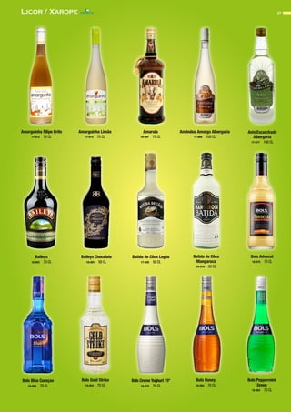 27Licor / Xarope
Amarguinha Filipe Brito
17-012 70 CL
Amarguinha Limão
17-014 70 CL
Amarula
18-097 70 CL
Amêndoa Amarga Albergaria
17-008 100 CL
Anis Escarchado
Albergaria
17-017 100 CL
Baileys
18-003 70 CL
Baileys Chocolate
18-001 50 CL
Batida de Côco Lagôa
17-020 50 CL
Batida de Côco
Mangaroca
18-019 50 CL
Bols Advocat
18-075 70 CL
Bols Blue Curaçao
18-056 70 CL
Bols Creme Yoghurt 15º
18-072 70 CL
Bols Gold Strike
18-054 70 CL
Bols Honey
18-084 70 CL
Bols Peppermint
Green
18-083 70 CL
CONTACTO
 