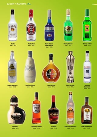 29Licor / Xarope
Malibu
18-020 50 CL
Malibu Red
18-021 50 CL
Marie Brizard
Blue Curaçao
18-091 70 CL
Pisang Altoviso
17-032 70 CL
Pisang Ambon
18-025 70 CL
Ponche Albergaria
17-022 100 CL
RuaVieja Crema
18-132 70 CL
Safari African
18-030 70 CL
Saint Germain
18-145 70 CL
Sambuca
Ramazzoti
18-060 70 CL
Sheridan’s
18-029 50 CL
Southern Comfort
18-033 70 CL
Tia Maria
18-035 70 CL
Triple Sec Albergaria
17-052 70 CL
Triple Sec Altoviso
17-051 100 CL
CONTACTO
 