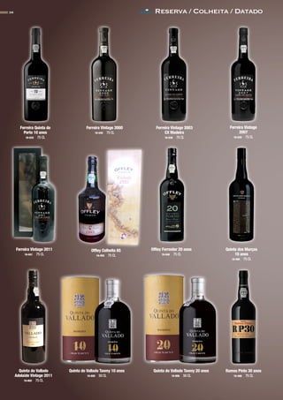 Reserva / Colheita / Datado36
Quinta do Vallado
Adelaide Vintage 2011
16-802 75 CL
Quinta do Vallado Tawny 10 anos
16-805 50 CL
Quinta do Vallado Tawny 20 anos
16-806 50 CL
Ramos Pinto 30 anos
16-466 75 CL
Ferreira Vintage 2011
16-041 75 CL
Offley Colheita 85
16-050 75 CL
Offley Forrester 20 anos
16-048 75 CL
Quinta dos Murças
10 anos
16-490 75 CL
Ferreira Vintage
2007
16-039 75 CL
Ferreira Quinta do
Porto 10 anos
16-032 75 CL
Ferreira Vintage 2000
16-040 75 CL
Ferreira Vintage 2003
CX Madeira
16-038 75 CL
CONTACTO
 