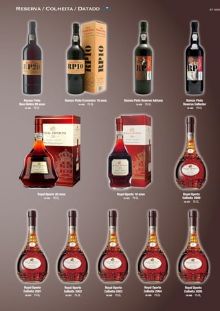 37Reserva / Colheita / Datado
Ramos Pinto
Bom Retiro 20 anos
16-465 75 CL
Ramos Pinto Ervamoira 10 anos
16-465 75 CL
Ramos Pinto Reserva Adriano
15-025 75 CL
Ramos Pinto
Reserva Collector
16-460 75 CL
Royal Oporto 20 anos
16-304 75 CL
Royal Oporto 10 anos
16-302 75 CL
Royal Oporto
Colheita 2000
16-347 75 CL
Royal Oporto
Colheita 2001
16-324 75 CL
Royal Oporto
Colheita 2002
16-307 75 CL
Royal Oporto
Colheita 2003
16-345 75 CL
CONTACTO
Royal Oporto
Colheita 2004
16-308 75 CL
Royal Oporto
Colheita 2005
16-346 75 CL
 