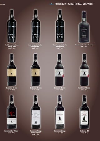 Reserva / Colheita / Datado38
Real Companhia Velha
Vintage 2003
16-312 75 CL
Real Companhia Velha
Vintage 2004
16-320 75 CL
Real Companhia Velha
Vintage 2005
16-321 75 CL
Sandeman 10 anos
16-062 50 CL
CONTACTO
Sandeman Founders Reserve
16-061 50 CL
Sandeman 20 anos
16-063 50 CL
Sandeman 30 anos
16-064 50 CL
Sandeman 40 anos
16-065 50 CL
Sandeman Vau Vintage
16-068 75 CL
Sandeman Vintage
Quinta do Seixo
16-069 75 CL
Sandeman Vintage
16-060 75 CL
Sandeman LBV
16-066 75 CL
 