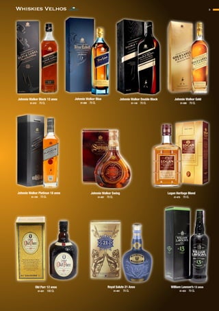 3Whiskies Velhos
Old Parr 12 anos
01-021 100 CL
William Lawson’s 13 anos
01-023 70 CL
Logan Heritage Blend
01-075 70 CL
Royal Salute 21 Anos
01-001 70 CL
Johnnie Walker Swing
01-007 70 CL
Johnnie Walker Blue
01-008 70 CL
Johnnie Walker Gold
01-009 70 CL
Johnnie Walker Black 12 anos
01-010 70 CL
Johnnie Walker Double Black
01-149 70 CL
Johnnie Walker Platinun 18 anos
01-159 70 CL
CONTACTO
 