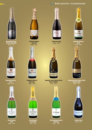 Espumante / Champanhe42
Raposeira Reserva
Doce
09-002 75 CL
Raposeira Reserva
Meio Seco
09-001 75 CL
Portal da Calçada
Bruto QC
09-350 75 CL
Quinta do Cardo
09-120 75 CL
Raposeira Reserva
Bruto
09-003 75 CL
Murganheira Super
Reserva Meio Seco
09-036 75 CL
Raposeira Super Reserva Bruto
Blanc de Blancs
09-012 75 CL
Raposeira Super Reserva Bruto
Blanc de Noirs
09-014 75 CL
São Domingos
Doce
09-250 75 CL
Tradição Bruto
09-065 75 CL
São Domingos
Extra Bruto
09-110 75 CL
São Domingos Reserva
Meio Seco
09-111 75 CL
CONTACTO
 
