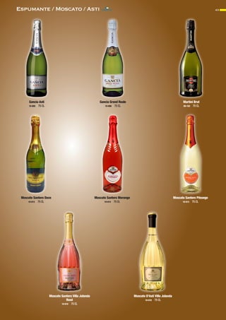 43Espumante / Moscato / Asti
Gancia Asti
10-005 75 CL
Gancia Grand Reale
10-006 75 CL
Martini Brut
09-150 75 CL
Moscato Santero Doce
10-012 75 CL
Moscato Santero Morango
10-014 75 CL
Moscato Santero Pêssego
10-013 75 CL
Moscato Santero Villa Jolanda
Rosé
10-010 75 CL
Moscato D’Asti Villa Jolanda
10-018 75 CL
CONTACTO
 