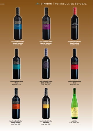 VINHOS | Península de Setúbal58
João Pires
30-005 Branco - 75 CL
Casa Ermelinda Freitas
Alicante Bouschet
30-221 Tinto - 75 CL
Casa Ermelinda Freitas
Cabernet Sauvignon
30-223 Tinto - 75 CL
Casa Ermelinda Freitas
Dona Ermelinda
30-216 Tinto - 75 CL
Casa Ermelinda Freitas
Merlot
30-220 Tinto - 75 CL
Casa Ermelinda Freitas
Quinta da Mimosa
30-219 Tinto - 75 CL
Casa Ermelinda Freitas
Syrah
30-217 Tinto - 75 CL
Casa Ermelinda Freitas
Touriga Nacional
30-215 Tinto - 75 CL
Casa Ermelinda Freitas
Trincadeira
30-222 Tinto - 75 CL
CONTACTO
 