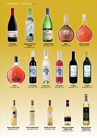61VINHOS | Outros
Porta Velha
25-505 Tinto - 75 CL
Adegas da Cumeada
Frisante
30-155 Branco - 75 CL
Castiço Frisante
30-150 Branco - 75 CL
Mateus Aragonês
32-003 Rosé - 75 CL
Terra Franca
28-010 Branco - 75 CL
Terra Franca
28-011 Tinto - 75 CL
Terra Franca
28-015 Rosé - 75 CL
Tradição
29-096 Tinto - 75 CL
Tradição
29-090 Branco - 75 CL
Borges Colheita Tardia
26-050 Branco-37,5CL
Ferreira Colheita Tardia
27-067 Branco-37,5CL
Grandjó Late Harvest
27-465 Branco-37,5CL
Quinta dos Carvalhais
Colheita Tardia
26-003 Branco-37,5CL
Quinta da Romeira
Colheita Tardia
30-249 Branco-50CL
Mateus
32-002 Rosé - 75 CL
Gatão
31-116 Rosé - 75 CL
CONTACTO
 