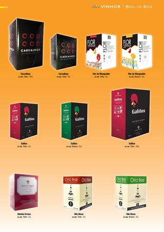 VINHOS | Bag-in-Box62
Carvalhiça
24-200 Tinto - 10 L
Flor de Mangualde
24-182 Branco - 5 L
Carvalhiça
24-205 Tinto - 5 L
Flor de Mangualde
24-180 Tinto - 5 L
Galitos
24-100 Tinto - 5 L
Galitos
24-102 Branco - 5 L
Galitos
24-105 Tinto - 10 L
Montes Ermos
24-300 Tinto - 5 L
Oito Bicas
24-096 Branco - 5 L
Oito Bicas
24-095 Tinto - 5 L
CONTACTO
 
