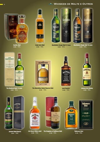 6
Tullamore Dew
03-125 70 CL
Glenfiddich Single Malt 12 anos
03-055 70 CL
Jim Beam White Label
03-030 70 CL
Glenfiddich Single Malt 18 anos
03-058 70 CL
The Glenrothes Select Reserve Malt
03-042 70 CL
Jack Daniel’s
03-025 70 CL
The Singleton of Dufftown Malt
03-160 70 CL
Cutty Sark Malt
03-004 70 CL
Whiskies de Malte e Outros
JamesonIrishWhiskey
03-009 70 CL
JamesonSelectReserve
03-011 70 CL
The Glenlivet Malt 12 anos
03-001 70 CL
Cardhu Malt
03-005 70 CL
CONTACTO
 