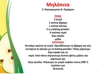 Μηλόπιτα
1ο Νηπιαγωγείο Ν. Περάμου
ΥΛΙΚΑ
3 αυγά
1 κούπα ζάχαρη
1 κούπα αλεύρι
3 κ.γ.baking powder
¼ κούπας νερό
λίγο κακάο
μήλα
ΕΚΤΕΛΕΣΗ:
Χτυπάμε πρώτα τα αυγά .Προσθέτουμε τη ζάχαρη και στη
συνέχεια το αλεύρι με το baking powder. Τέλος ρίχνουμε
λίγο κακάο και το
νερό. Από πάνω στρώνουμε λεπτές φέτες μήλου και
ρίχνουμε και
λίγη κανέλα. Ψήνουμε σε μικρό ταψάκι στους 200ο C
περίπου για
20 λεπτά.
 