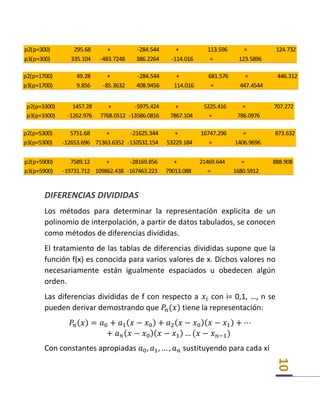 10
DIFERENCIAS DIVIDIDAS
Los métodos para determinar la representación explicita de un
polinomio de interpolación, a partir de datos tabulados, se conocen
como métodos de diferencias divididas.
El tratamiento de las tablas de diferencias divididas supone que la
función f(x) es conocida para varios valores de x. Dichos valores no
necesariamente están igualmente espaciados u obedecen algún
orden.
Las diferencias divididas de f con respecto a 𝑥𝑖 con i= 0,1, …, n se
pueden derivar demostrando que 𝑃𝑛(𝑥) tiene la representación:
𝑃𝑛( 𝑥) = 𝑎0 + 𝑎1( 𝑥 − 𝑥0) + 𝑎2( 𝑥 − 𝑥0)( 𝑥 − 𝑥1) + ⋯
+ 𝑎 𝑛( 𝑥 − 𝑥0)( 𝑥 − 𝑥1) … (𝑥 − 𝑥 𝑛−1)
Con constantes apropiadas 𝑎0, 𝑎1, … , 𝑎 𝑛 sustituyendo para cada xi
p2(p=300) 295.68 + -284.544 + 113.596 = 124.732
p3(p=300) 335.104 -483.7248 386.2264 -114.016 = 123.5896
p2(p=1700) 49.28 + -284.544 + 681.576 = 446.312
p3(p=1700) 9.856 -85.3632 408.9456 114.016 = 447.4544
p2(p=3300) 1457.28 + -5975.424 + 5225.416 = 707.272
p3(p=3300) -1262.976 7768.0512 -13586.0816 7867.104 = 786.0976
p2(p=5300) 5751.68 + -21625.344 + 16747.296 = 873.632
p3(p=5300) -12653.696 71363.6352 -110532.154 53229.184 = 1406.9696
p2(p=5900) 7589.12 + -28169.856 + 21469.644 = 888.908
p3(p=5900) -19731.712 109862.438 -167463.223 79013.088 = 1680.5912
 