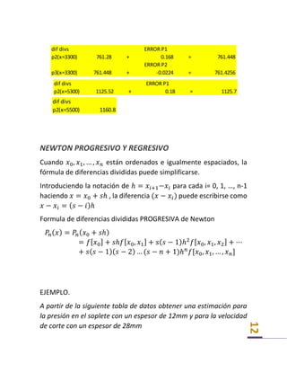 12
NEWTON PROGRESIVO Y REGRESIVO
Cuando 𝑥0, 𝑥1, … , 𝑥 𝑛 están ordenados e igualmente espaciados, la
fórmula de diferencias divididas puede simplificarse.
Introduciendo la notación de ℎ = 𝑥𝑖+1−𝑥𝑖 para cada i= 0, 1, …, n-1
haciendo 𝑥 = 𝑥0 + 𝑠ℎ , la diferencia (𝑥 − 𝑥𝑖) puede escribirse como
𝑥 − 𝑥𝑖 = ( 𝑠 − 𝑖)ℎ
Formula de diferencias divididas PROGRESIVA de Newton
𝑃𝑛( 𝑥) = 𝑃𝑛( 𝑥0 + 𝑠ℎ)
= 𝑓[ 𝑥0] + 𝑠ℎ𝑓[ 𝑥0, 𝑥1] + 𝑠( 𝑠 − 1)ℎ2
𝑓[ 𝑥0, 𝑥1, 𝑥2] + ⋯
+ 𝑠( 𝑠 − 1)( 𝑠 − 2) … (𝑠 − 𝑛 + 1)ℎ 𝑛
𝑓[𝑥0, 𝑥1, … , 𝑥 𝑛]
EJEMPLO.
A partir de la siguiente tabla de datos obtener una estimación para
la presión en el soplete con un espesor de 12mm y para la velocidad
de corte con un espesor de 28mm
dif divs ERROR P1
p2(x=3300) 761.28 + 0.168 = 761.448
ERROR P2
p3(x=3300) 761.448 + -0.0224 = 761.4256
dif divs ERROR P1
p2(x=5300) 1125.52 + 0.18 = 1125.7
dif divs
p2(x=5500) 1160.8
 