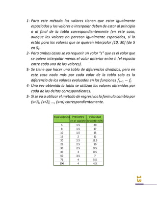 13
1- Para este método los valores tienen que estar igualmente
espaciados y los valores a interpolar deben de estar al principio
o al final de la tabla correspondientemente (en este caso,
aunque los valores no parecen igualmente espaciados, si lo
están para los valores que se quieren interpolar [10, 30] (de 5
en 5).
2- Para ambos casos se va requerir un valor “s” que es el valor que
se quiere interpolar menos el valor anterior entre h (el espacio
entre cada uno de los valores).
3- Se tiene que hacer una tabla de diferencias divididas, pero en
este caso nada más por cada valor de la tabla solo es la
diferencia de los valores evaluados en las funciones 𝑓𝑖+1 − 𝑓𝑖
4- Una vez obtenida la tabla se utilizan los valores obtenidos por
cada de las deltas correspondientes.
5- Si se va a utilizar el método de regresivos la formula cambia por
(s+1), (s+2), …, (s+n) correspondientemente.
Espesor(mm) Presiones Velocidad
en el soplete de corte(m/h)
5 1.5 20
8 1.5 17
10 1.5 15
15 2 12
20 2.5 11.5
25 2.5 10
30 2.5 9.5
40 3 8.5
50 3.5 7
75 4 5.5
100 4 4.5
 