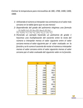 9
Estimar la temperatura para microvoltios de 300, 1700, 3300, 5300,
5900.
1- Utilizando el número a interpolar nos centramos en el valor más
cercano en la tabla (pero que no sea menor)
2- Dependiendo del grado del polinomio elegimos una formula
(𝑥−𝑥0)(𝑥−𝑥1)…(𝑥−𝑥 𝑘−1)(𝑥−𝑥 𝑘+1)…(𝑥−𝑥 𝑛)
(𝑥 𝑘−𝑥0)(𝑥 𝑘−𝑥1)…(𝑥 𝑘−𝑥 𝑘−1)(𝑥 𝑘−𝑥 𝑘+1)…(𝑥 𝑘−𝑥 𝑛)
3- Poniendo un ejemplo haciendo un polinomio de grado 1
hacemos una multiplicación del cociente entre la resta del
número a interpolar menos el valor siguiente entre el valor
cercano menos el valor siguiente por el valor evaluado en la
función y se le suma el cociente de restar el número a interpolar
menos el valor cercano entre el valor siguiente menos el valor
cercano por el valor evaluado del siguiente valor en la función.
i xi f(xi)
0 0 32
1 500 176
2 1000 296.4
3 1500 405.7
4 2000 509
5 2500 608.4
6 3000 704.7
7 3500 799
8 4000 891.9
9 4500 983
10 5000 1072.6
11 5500 1160.8
12 6000 1247.5
 
