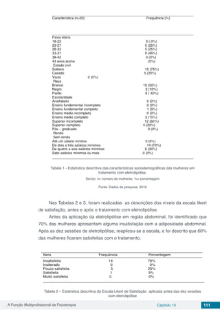 A Função Multiprofissional da Fisioterapia Capítulo 13 111
Tabela 1 - Estatística descritiva das características sociodemográficas das mulheres em
tratamento com eletrolipólise.
Sendo: n= número de mulheres, %= porcentagem
Fonte: Dados da pesquisa, 2018
Nas Tabelas 2 e 3, foram realizadas as descrições dos níveis da escala likert
de satisfação, antes e após o tratamento com eletrolipólise.
Antes da aplicação da eletrolipólise em região abdominal, foi identificado que
70% das mulheres apresentam alguma insatisfação com a adiposidade abdominal.
Após as dez sessões de eletrolipólise, reaplicou-se a escala, e foi descrito que 60%
das mulheres ficaram satisfeitas com o tratamento.
Tabela 2 – Estatística descritiva da Escala Likert de Satisfação aplicada antes das dez sessões
com eletrolipólise
 