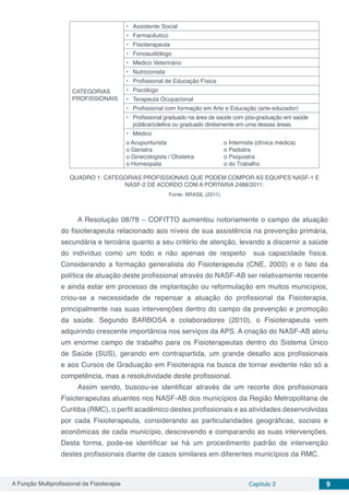 A Função Multiprofissional da Fisioterapia Capítulo 2 9
CATEGORIAS
PROFISSIONAIS
•	 Assistente Social
•	 Farmacêutico
•	 Fisioterapeuta
•	 Fonoaudiólogo
•	 Médico Veterinário
•	 Nutricionista
•	 Profissional de Educação Física
•	 Psicólogo
•	 Terapeuta Ocupacional
•	 Profissional com formação em Arte e Educação (arte-educador)
•	 Profissional graduado na área de saúde com pós-graduação em saúde
pública/coletiva ou graduado diretamente em uma dessas áreas.
•	 Médico
o Acupunturista
o Geriatra
o Ginecologista / Obstetra
o Homeopata
o Internista (clínica médica)
o Pediatra
o Psiquiatra
o do Trabalho
QUADRO 1: CATEGORIAS PROFISSIONAIS QUE PODEM COMPOR AS EQUIPES NASF-1 E
NASF-2 DE ACORDO COM A PORTARIA 2488/2011:
Fonte: BRASIL (2011)
A Resolução 08/78 – COFITTO aumentou notoriamente o campo de atuação
do fisioterapeuta relacionado aos níveis de sua assistência na prevenção primária,
secundária e terciária quanto a seu critério de atenção, levando a discernir a saúde
do indivíduo como um todo e não apenas de respeito sua capacidade física.
Considerando a formação generalista do Fisioterapeuta (CNE, 2002) e o fato da
política de atuação deste profissional através do NASF-AB ser relativamente recente
e ainda estar em processo de implantação ou reformulação em muitos municípios,
criou-se a necessidade de repensar a atuação do profissional da Fisioterapia,
principalmente nas suas intervenções dentro do campo da prevenção e promoção
da saúde. Segundo BARBOSA e colaboradores (2010), o Fisioterapeuta vem
adquirindo crescente importância nos serviços da APS. A criação do NASF-AB abriu
um enorme campo de trabalho para os Fisioterapeutas dentro do Sistema Único
de Saúde (SUS), gerando em contrapartida, um grande desafio aos profissionais
e aos Cursos de Graduação em Fisioterapia na busca de tornar evidente não só a
competência, mas a resolutividade deste profissional.
Assim sendo, buscou-se identificar através de um recorte dos profissionais
Fisioterapeutas atuantes nos NASF-AB dos municípios da Região Metropolitana de
Curitiba (RMC), o perfil acadêmico destes profissionais e as atividades desenvolvidas
por cada Fisioterapeuta, considerando as particularidades geográficas, sociais e
econômicas de cada município, descrevendo e comparando as suas intervenções.
Desta forma, pode-se identificar se há um procedimento padrão de intervenção
destes profissionais diante de casos similares em diferentes municípios da RMC.
 
