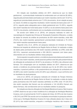 A Função Multiprofissional da Fisioterapia Capítulo 28 230
Quadro 2 – Idade Gestacional e Peso ao Nascer, João Pessoa – PB, 2019.
Fonte: Dados da Pesquisa
Em relação aos resultados obtidos em 2017, observou-se que na idade
gestacional, a prematuridade moderada foi evidenciada com um total de 26 (46%),
seguida pela prematuridade acentuada e por recém-nascidos a termo com 12 (21%),
seguido por prematuridade extrema com 7 (12%) da amostra. Já em relação ao peso
ao nascer, foi obtido os seguintes resultados: recém-nascidos de baixo peso com 17
(31%), seguido pelos adequados para a idade gestacional com 15 (25%), seguido
dos recém-nascidos de muito baixo peso 13 (23%) e os de extremo baixo peso com
12 (21%) da amostra, confrontando com os resultados encontrados nessa pesquisa.
De acordo com Valério et al. (2016), em pesquisa realizada no setor de
neonatologia do Hospital das Clínicas de Teresópolis Costantino Ottaviano, a coleta
de dados foi através da análise de prontuários de 624 recém-nascidos, onde 469
(75,3%) dos recém-nascidos apresentaram prematuridade moderada e 75 (12%)
dos recém-nascidos apresentaram baixo peso.
Segundo Lima, et al., (2015), em pesquisa realizada em Unidade de Terapia
Intensiva de hospital de referência da Região Norte do Brasil, foi realizada a coleta
de dados pelos prontuários dos 318 recém nascidos admitidos na UTIN, onde 293
(92,14%), nasceram prematuramente e 255 (80,5%) nasceram com baixo peso,
discordando com os resultados obtidos nessa pesquisa.
Comoexpostonoquadroanterior,aincidênciadaprematuridadeacentuadafoide
21 (43%) dos recém-nascidos, sendo possível justificar este fato pela predominância
de utilização do surfactante em 30 (61%) da amostra e 19 (39%) não utilizaram este
fármaco. Em comparação com os resultados obtidos em 2017, observou-se que
devido a incidência da prematuridade moderada que foi de 26 (46%) dos recém-
nascidos, é possível justificar a não predominância de utilização do surfactante em
34 (60%) dos recém-nascidos contra 23 (40%) que utilizaram, o que confronta com
os resultados da atual pesquisa.
Lima et al. (2015), em pesquisa realizada em Unidade de Terapia Intensiva
de hospital de referência da Região Norte do Brasil, foi realizada a coleta de dados
pelos prontuários dos 318 recém nascidos admitidos na UTIN, onde 174 (54,72%)
dos recém nascidos não fizeram uso de surfactante e 144 (45,28%) fizeram uso
desse fármaco, não corroborando com os resultados obtidos na pesquisa.
Em relação aos dias de utilização de Ventilação Mecânica Invasiva, Não Invasiva
e CPAP, observou-se que a maior incidência foi a utilização da Ventilação Mecânica
Invasiva, com um percentual de 15 (31%) abaixo de 5 dias, 34 (70%) de não invasiva
e 36 (74%) de CPAP. De acordo com os resultados encontrados na pesquisa anterior,
vimos que a Ventilação Mecânica Invasiva foi mais utilizada abaixo dos 5 dias com
23 (41%) dos recém-nascidos, enquanto a ventilação mecânica não invasiva e o
 