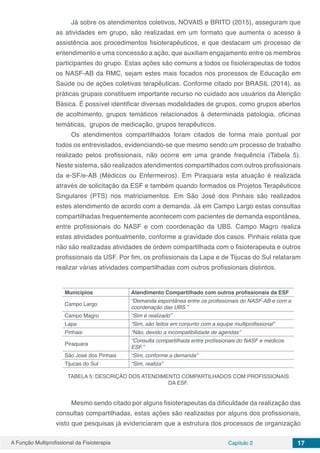 A Função Multiprofissional da Fisioterapia Capítulo 2 17
Já sobre os atendimentos coletivos, NOVAIS e BRITO (2015), asseguram que
as atividades em grupo, são realizadas em um formato que aumenta o acesso à
assistência aos procedimentos fisioterapêuticos, e que destacam um processo de
entendimento e uma concessão a ação, que auxiliam engajamento entre os membros
participantes do grupo. Estas ações são comuns a todos os fisioterapeutas de todos
os NASF-AB da RMC, sejam estes mais focados nos processos de Educação em
Saúde ou de ações coletivas terapêuticas. Conforme citado por BRASIL (2014), as
práticas grupais constituem importante recurso no cuidado aos usuários da Atenção
Básica. É possível identificar diversas modalidades de grupos, como grupos abertos
de acolhimento, grupos temáticos relacionados à determinada patologia, oficinas
temáticas, grupos de medicação, grupos terapêuticos.
Os atendimentos compartilhados foram citados de forma mais pontual por
todos os entrevistados, evidenciando-se que mesmo sendo um processo de trabalho
realizado pelos profissionais, não ocorre em uma grande frequência (Tabela 5).
Neste sistema, são realizados atendimentos compartilhados com outros profissionais
da e-SF/e-AB (Médicos ou Enfermeiros). Em Piraquara esta atuação é realizada
através de solicitação da ESF e também quando formados os Projetos Terapêuticos
Singulares (PTS) nos matriciamentos. Em São José dos Pinhais são realizados
estes atendimento de acordo com a demanda. Já em Campo Largo estas consultas
compartilhadas frequentemente acontecem com pacientes de demanda espontânea,
entre profissionais do NASF e com coordenação da UBS. Campo Magro realiza
estas atividades pontualmente, conforme a gravidade dos casos. Pinhais relata que
não são realizadas atividades de ordem compartilhada com o fisioterapeuta e outros
profissionais da USF. Por fim, os profissionais da Lapa e de Tijucas do Sul relataram
realizar várias atividades compartilhadas com outros profissionais distintos.
Municipios Atendimento Compartilhado com outros profissionais da ESF
Campo Largo
“Demanda espontânea entre os profissionais do NASF-AB e com a
coordenação das UBS.”
Campo Magro “Sim é realizado”
Lapa “Sim, são feitos em conjunto com a equipe multiprofissional”
Pinhais “Não, devido a incompatibilidade de agendas”
Piraquara
“Consulta compartilhada entre profissionais do NASF e médicos
ESF.”
São José dos Pinhais “Sim, conforme a demanda”
Tijucas do Sul “Sim, realiza”
TABELA 5: DESCRIÇÃO DOS ATENDIMENTO COMPARTILHADOS COM PROFISSIONAIS
DA ESF.
Mesmo sendo citado por alguns fisioterapeutas da dificuldade da realização das
consultas compartilhadas, estas ações são realizadas por alguns dos profissionais,
visto que pesquisas já evidenciaram que a estrutura dos processos de organização
 