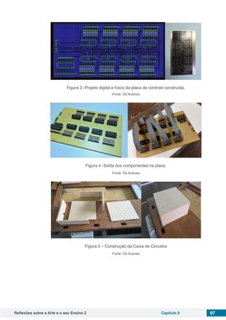Reflexões sobre a Arte e o seu Ensino 2 Capítulo 9 97
Figura 3 -Projeto digital e físico da placa de controle construída.
Fonte: Os Autores
Figura 4 -Solda dos componentes na placa.
Fonte: Os Autores
Figura 5 – Construção da Caixa de Circuitos
Fonte: Os Autores
 