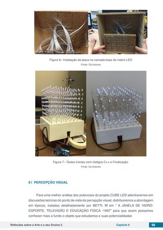 Reflexões sobre a Arte e o seu Ensino 2 Capítulo 9 98
Figura 6– Instalação da placa na camada base da matriz LED
Fonte: Os Autores
Figura 7– Testes Iniciais com códigos C++ e Finalização.
Fonte: Os Autores
8 | 	PERCEPÇÃO VISUAL
Para uma melhor análise dos potenciais do projeto CUBE LED adentraremos em
discussões teóricas do ponto de vista da percepção visual, distribuiremos a abordagem
em tópicos, tratados detalhadamente por BETTI, M em “ A JANELA DE VIDRO:
ESPORTE, TELEVISÃO E EDUCAÇÃO FÍSICA -1997” para que assim possamos
conhecer mais a fundo o objeto que estudamos e suas potencialidades
 