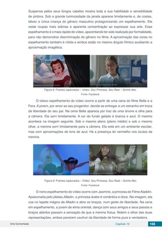 Arte Comentada Capítulo 13 168
Suspensa pelos seus longos cabelos mostra toda a sua habilidade e sensibilidade
de pintora. Sob a grande luminosidade da janela aparece timidamente e, de costas,
talvez a única criança do gênero masculino protagonizando um espelhamento. Ele
veste roupas mais sóbrias e aparenta concentração ao expressar sua arte. Esse
espelhamento é o mais rápido do vídeo, aparentando ter sido realizado por formalidade,
para não demonstrar discriminação de gênero no filme. A aproximação das cores no
espelhamento também é nítida e ambos estão no mesmo ângulo fílmico auxiliando a
aproximação imagética.
Figura 8: Frames capturados – Vídeo: Sou Princesa, Sou Real – Sonhe Alto.
Fonte: Facebook
O oitavo espelhamento do vídeo ocorre a partir de uma cena do filme Bella e a
Fera. A jovem, por amor ao seu progenitor, decide se entregar a um estranho em troca
da liberdade do seu pai. Na cena Bella aparece por traz de uma árvore e olha para
a câmera. Ela sorri timidamente. A cor do fundo gelado é branca e azul. O mesmo
acontece na imagem seguinte. Sob o mesmo plano (plano médio) e sob o mesmo
olhar, a menina sorri timidamente para a câmera. Ela está em um ambiente escolar,
mas com aproximações de tons de azul. Há a presença do vermelho nos óculos da
menina.
Figura 9: Frames capturados – Vídeo: Sou Princesa, Sou Real – Sonhe Alto.
Fonte: Facebook
O nono espelhamento do vídeo ocorre com Jasmine, a princesa do Filme Aladdin.
Apaixonada pelo plebeu Alladin, a princesa árabe é romântica e doce. Na imagem, ela
voa no tapete mágico de Alladin e abre os braços, num gesto de liberdade. Na cena
em espelhamento, a jovem de etnia oriental, dança com seus amigos e seus passos e
braços abertos passam a sensação de que a menina flutua. Notem o olhar das duas
representações, ambas parecem usufruir da liberdade de forma pura e verdadeira.
 