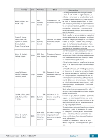 As Ciências Exatas e da Terra no Século XXI Capítulo 11 101
Autor(es) Ano Periódico Título Breve síntese
Alan G. Ganek, Tho-
mas A. Corbi
2003
IBM
Systems
Journal
The dawning of the
autonomic computing
era
Este artigo apresenta uma visão geral sobre
o início da CA. Aborda-se a gênese da CA, a
indústria e o mercado, as características funda-
mentais dos sistemas autônomos e a estrutura
de como os sistemas evoluirão para se torna-
rem mais auto gerenciados. O papel fundamen-
tal para a indústria aberta, padrões necessários
para apoiar a autonomia, e o comportamento
em ambientes de sistemas heterogêneo tam-
bém foi discutido.
Dinesh C. Verma,
Sambit Sahu, Se-
raphin Calo, Anees
Shaikh, Isabella
Chang, Arup Acharya
2003
IBM
Systems
Journal
SRIRAM: A Scalable
Resilient Autonomic
Mesh
Neste trabalho foi apresentada uma arquitetura
em que a identificação de sites para servidores
replicados e a geração de réplicas são automa-
tizadas. O design é baseado em autoconfigu-
ração da malha de computadores e um meca-
nismo de comunicação entre nós que opera em
uma árvore de distribuição enraizada.
Jeffrey O. Kephart,
David M. Chess
2003
IEEE Com-
puter Society
The vision of autono-
mic computing
Abordam-se sistemas que se auto gerenciam
de acordo com os objetivos propostos por um
administrador. Novos componentes se integram
com a mesma facilidade que uma nova célula
se estabelece no corpo humano.
Lance W. Russell,
Stephen P. Morgan,
Edward G. Chron
2003
IBM
Systems
Journal
Clockwork: A new
movement in autono-
mic systems
Este artigo identifica uma nova forma de pensar
sobre a CA, a autonomicidade preditiva, basea-
da em
controle feedforward. Um método geral, chama-
do Mecanismo de relojoaria, para a construção
de sistemas autonômicos preditivos foi propos-
to. O artigo descreve um protótipo de rede de
sistema de armazenamento que foi construído
usando Clockwork, demonstrando a viabilidade
do método e apresenta o desempenho e medi-
ções do protótipo, demonstrando a praticidade
dos métodos.
David M. Chess, Char-
les C. Palmer, Steve
R. White
2003
IBM
Systems
Journal
Security in an au-
tonomic computing
environment
Neste artigo foram discutidas questões sobre
segurança e privacidade e como esses desafios
podem ser resolvidos.
Concluiu-se que, nenhum sistema é totalmente
seguro e os sistemas autonômicos não serão
exceção. No entanto, foi observado que, os be-
nefícios do uso da CA hoje, superam os riscos
de segurança e privacidade.
Jeffrey O. Kephart,
William E. Walsh
2004
Fifth IEEE
International
Workshop
on. IEEE
An artificial intelligen-
ce perspective on
autonomic computing
policies
Uma abordagem sobre políticas de computação
autonômica a partir da perspectiva do campo
da Inteligência Artificial (IA). Foi demonstrado
como a estrutura unificada que se inter-rela-
ciona em três tipos diferentes de políticas que
serão utilizadas em
sistemas de computação: políticas de Ação,
Meta e Função de Utilidade podem ser aplica-
das.
 