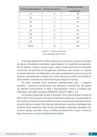 As Ciências Exatas e da Terra no Século XXI Capítulo 13 121
Denominação professor Número de turmas
Número de alunos
participantes
S1 3 80
S2 4 89
S3 2 49
S4 3 53
S5 3 62
S6 3 51
S7 3 88
S8 1 29
TOTAL 22 501
Quadro 1 – Sujeitos da pesquisa
Fonte: elaborado pelos autores
O material utilizado para análises referentes ao interesse e mudança de atitudes
dos alunos, dificuldades encontradas e aprendizagens, foi o questionário-diagnóstico.
Ele foi aplicado a todos os alunos antes e após o desenvolvimento das atividades
construídas nos encontros de formação dos professores, para verificar se o estudo
de temas ambientais com Matemática nas aulas, sensibilizava os alunos no que diz
respeito à importância dos cuidados com o meio ambiente e auxiliava na formação do
aluno-cidadão, consciente da importância da preservação da natureza.
Os dados coletados foram analisados qualitativamente, pois, a pesquisa
qualitativa “explora as características dos indivíduos e cenários que não podem
ser descritos numericamente. O dado é frequentemente verbal e é coletado pela
observação, descrição e gravação” (MOREIRA; CALEFE, 2008, p. 73).
As atividades elaboradas durante a formação, foram desenvolvidas ao longo de
2014 e 2015 nos anos finais do Ensino Fundamental e exploraram a preservação da
fauna e flora, produção de resíduos sólidos, poluição, área de preservação permanente,
recursos hídricos e energia. Os conteúdos matemáticos envolvidos na abordagem das
temáticas foram: estatística, regra de três, porcentagem, proporção, operações com
números naturais, perímetro, áreas e medidas de comprimento, massa e volume. A
Figura 2 apresenta uma das atividades desenvolvidas.
 
