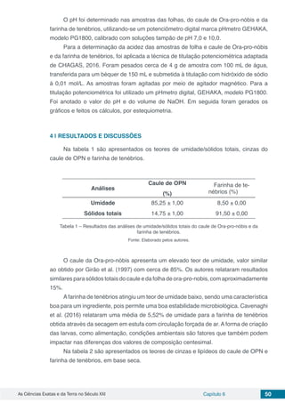 As Ciências Exatas e da Terra no Século XXI Capítulo 6 50
O pH foi determinado nas amostras das folhas, do caule de Ora-pro-nóbis e da
farinha de tenébrios, utilizando-se um potenciômetro digital marca pHmetro GEHAKA,
modelo PG1800, calibrado com soluções tampão de pH 7,0 e 10,0.
Para a determinação da acidez das amostras de folha e caule de Ora-pro-nóbis
e da farinha de tenébrios, foi aplicada a técnica de titulação potenciométrica adaptada
de CHAGAS, 2016. Foram pesados cerca de 4 g de amostra com 100 mL de água,
transferida para um béquer de 150 mL e submetida à titulação com hidróxido de sódio
à 0,01 mol/L. As amostras foram agitadas por meio de agitador magnético. Para a
titulação potenciométrica foi utilizado um pHmetro digital, GEHAKA, modelo PG1800.
Foi anotado o valor do pH e do volume de NaOH. Em seguida foram gerados os
gráficos e feitos os cálculos, por estequiometria.
4 | 	RESULTADOS E DISCUSSÕES
Na tabela 1 são apresentados os teores de umidade/sólidos totais, cinzas do
caule de OPN e farinha de tenébrios.
Análises
Caule de OPN
(%)
Farinha de te-
nébrios (%)
Umidade 85,25 ± 1,00 8,50 ± 0,00
Sólidos totais 14,75 ± 1,00 91,50 ± 0,00
Tabela 1 – Resultados das análises de umidade/sólidos totais do caule de Ora-pro-nóbis e da
farinha de tenébrios.
Fonte: Elaborado pelos autores.
O caule da Ora-pro-nóbis apresenta um elevado teor de umidade, valor similar
ao obtido por Girão et al. (1997) com cerca de 85%. Os autores relataram resultados
similares para sólidos totais do caule e da folha de ora-pro-nobis, com aproximadamente
15%.
Afarinha de tenébrios atingiu um teor de umidade baixo, sendo uma característica
boa para um ingrediente, pois permite uma boa estabilidade microbiológica. Cavenaghi
et al. (2016) relataram uma média de 5,52% de umidade para a farinha de tenébrios
obtida através da secagem em estufa com circulação forçada de ar. A forma de criação
das larvas, como alimentação, condições ambientais são fatores que também podem
impactar nas diferenças dos valores de composição centesimal.
Na tabela 2 são apresentados os teores de cinzas e lipídeos do caule de OPN e
farinha de tenébrios, em base seca.
 