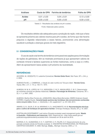As Ciências Exatas e da Terra no Século XXI Capítulo 6 52
Análises Caule de OPN Farinha de tenébrios Folha de OPN
Acidez 0,01 ± 0,00 0,04 ± 0,01 0,13 ± 0,00
pH 6,00 ± 0,02 6,00 ± 0,02 6,59 ± 0,02
Tabela 3 – Resultados das análises de pH e acidez.
Fonte: Elaborado pelos autores.
Os resultados obtidos são adequados para a produção da ração, visto que a faixa
se apresenta próxima aos valores neutros para pH e acidez, de forma que não haveria
prejuízos à digestão relacionados a esses fatores, promovendo uma alimentação
saudável e proteção a doenças graves do trato digestório.
5 | 	CONSIDERAÇÕES FINAIS
O uso do caule e da farinha de tenébrios como possíveis opções para a formulação
de rações de galináceos, têm se mostrado promissora já que apresentam valores de
conteúdo mineral e lipídeos superiores as fontes tradicionais, como a soja e o milho.
Além de apresentarem baixa acidez e pH próximo da neutralidade.
REFERÊNCIAS
ACCORSI, W.; DOSOUTO, R. Ladainha Comestível. Revista Globo Rural, São Paulo, SP, v. 244, p.
2, 2006.
ALMEIDA FILHO, J.; CAMBRAIA, J. Estudo do valor nutritivo do “Ora-pro-nóbis”. Revista Ceres,
Viçosa, MG, v. 21, n. 114, p. 105-111, 1974.
ALMEIDA, M. M. B.; LOPES, M. F. G.; NOGUEIRA, C. M. D.; MAGALHÃES, C. M. C. Determinação
de nutrientes minerais em plantas medicinais. Ciência e Tecnologia de Alimentos, Campinas, SP, v.
22, n. 1, p. 9497, 2002.
ALMEIDA, Martha Elisa Ferreira de; JUNQUEIRA, Allana Maria Bernardes; SIMÃO Anderson Assaid;
CORRÊA, Angelita Duarte. Caracterização química das hortaliças não-convencionais conhecidas
como ora-pro-nóbis. Biosci. J., Uberlandia, v. 30, supplement 1, p. 431-439, 2014.
AMARO, G. B.; SILVA, D. M. da; MARINHO, A. G.; NASCIMENTO, W. M. Recomendações técnicas
para o cultivo de hortaliças em agricultura familiar. Embrapa Hortaliças. Brasília, DF, p. 16. 2007.
AUSTRALIAN GOVERNMENT. Leaf cactus (Pereskia aculeata) weed management guide. Weeds
in Australia - Publications and resources, 2003. Disponível em: <http://www.weeds.gov.au/
publications/guidelines/alert/p-aculeata.html>. Acessado em 30 de abril de 2018.
BARROS, K. N.; GUIMARÃES, H. E. T.; SARTOR, C. P.; FELIPE, D. F. Desenvolvimento de uma
pomada contendo extrato de Pereskia aculeata. In: ENCONTRO INTERNACIONAL DE PRODUÇÃO
CIENTÍFICA CESUMAR, VI, 2009. Maringá. Anais... Maringá: Cesumar, 2009. p. 1-4.
 