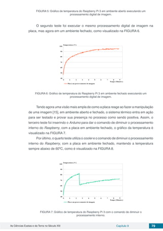 As Ciências Exatas e da Terra no Século XXI Capítulo 9 79
FIGURA 5: Gráfico de temperatura do Raspberry Pi 3 em ambiente aberto executando um
processamento digital de imagem.
O segundo teste foi executar o mesmo processamento digital de imagem na
placa, mas agora em um ambiente fechado, como visualizado na FIGURA 6.
FIGURA 6: Gráfico de temperatura do Raspberry Pi 3 em ambiente fechado executando um
processamento digital de imagem.
Tendo agora uma visão mais ampla de como a placa reage ao fazer a manipulação
de uma imagem [15], em ambiente aberto e fechado, o sistema térmico entra em ação
para ser testado e provar sua presença no processo como sendo positiva. Assim, o
terceiro teste foi inserindo o Arduino para dar o comando de diminuir o processamento
interno do Raspberry, com a placa em ambiente fechado, o gráfico da temperatura é
visualizado na FIGURA 7.
Por último, o quarto teste utiliza o cooler e o comando de diminuir o processamento
interno do Raspberry, com a placa em ambiente fechado, mantendo a temperatura
sempre abaixo de 60ºC, como é visualizado na FIGURA 8.
FIGURA 7: Gráfico de temperatura do Raspberry Pi 3 com o comando de diminuir o
processamento interno.
 