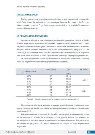 As Ciências Exatas e da Terra no Século XXI Capítulo 10 88
auxílio de uma colher de pedreiro.
5 | 	ENSAIO MECÂNICO
Por fim, os corpos de prova foram submetidos ao ensaio mecânico de compressão
axial. Esse ensaio foi realizado no Laboratório de Controle Tecnológico de Concreto
da empresa Albuquerque Engenharia em prensa hidráulica, capacidade 30 toneladas
e marca Marcon Mph-30.
6 | 	RESULTADOS E DISCUSSÕES
O traço de referência, que representa o concreto convencional da cidade de Rio
Branco, foi projetado a partir das informações disponibilizadas pela FUNTAC, como o
traço disponibilizado não atingiu a consistência pretendida, foi necessário o acréscimo
de água. Assim, para um abatimento de 70 mm o traço reajustado foi igual a 1 : 1,28
: 1,95 : 0,5; e com este traço o concreto deveria atingir uma resistência de projeto de
22,9 MPa, valor acima dos 20 MPa característico das obras de pequeno porte locais.
Os resultados obtidos do ensaio de resistência à compressão axial dos corpos de
prova do traço convencional estão apresentados na Tabela 2.
Corpo de prova
Idade (dias) RC
(MPa)
fck (MPa)
CP1 07 17,14
16,75
CP2 07 17,60
CP3 07 18,44
CP4 07 17,40
CP5 28 24,92
23,21
CP6 28 24,34
CP7 28 23,79
CP8 28 26,10
Tabela 2 - Resistência dos corpos de prova do traço sem adição de NTC
O concreto de referência alcançou e superou a resistência de projeto para todos
os corpos de prova aos 28 dias, portanto, ficou estabelecido o traço supracitado para
a adição do NTC.
Foi observado que com a adição de NTC, na composição do concreto, houve
um incremento no ensaio de abatimento, o que parece indicar um aumento na
trabalhabilidade sem extrapolar a consistência estabelecida dentro dos parâmetros
no começo do programa; não sendo necessário mudanças no traço experimental
reajustado.
 